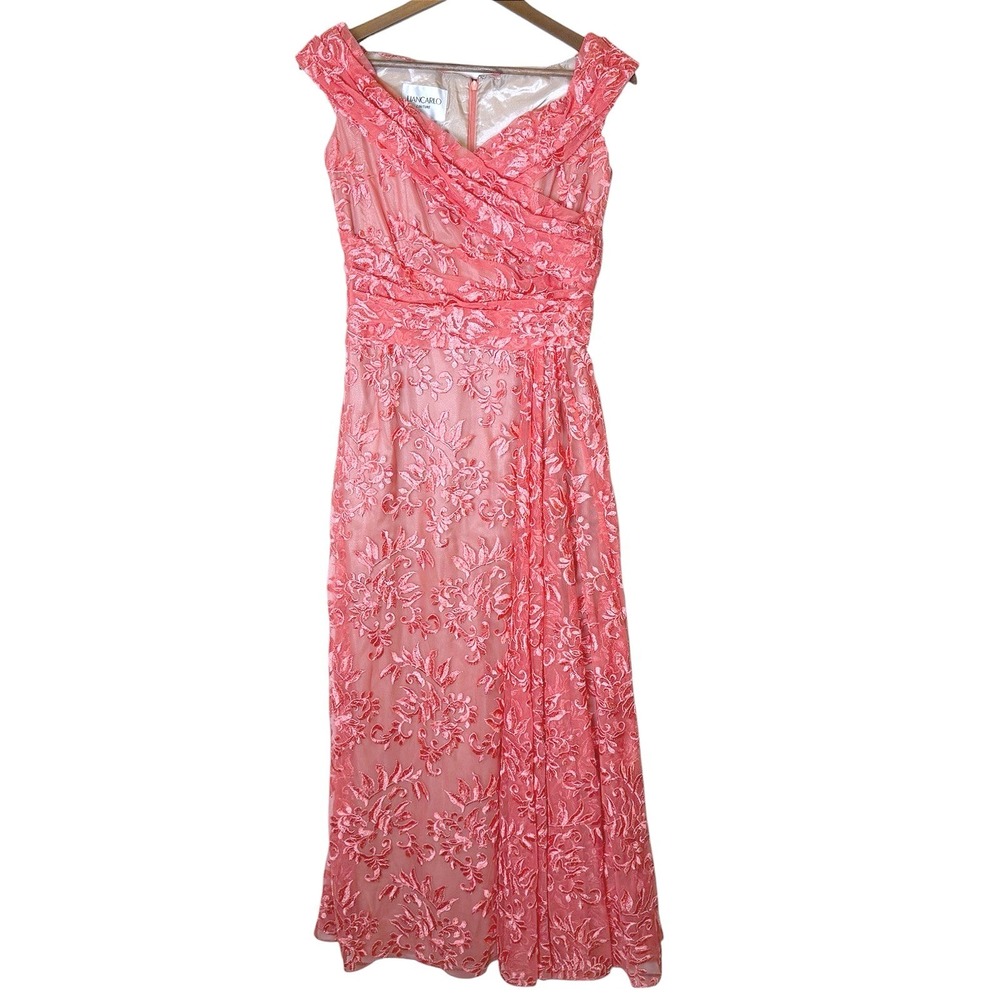 Liancarlo Couture Coral Pink Floral Embroidered Mesh Gown Dress V-Neck Size 8